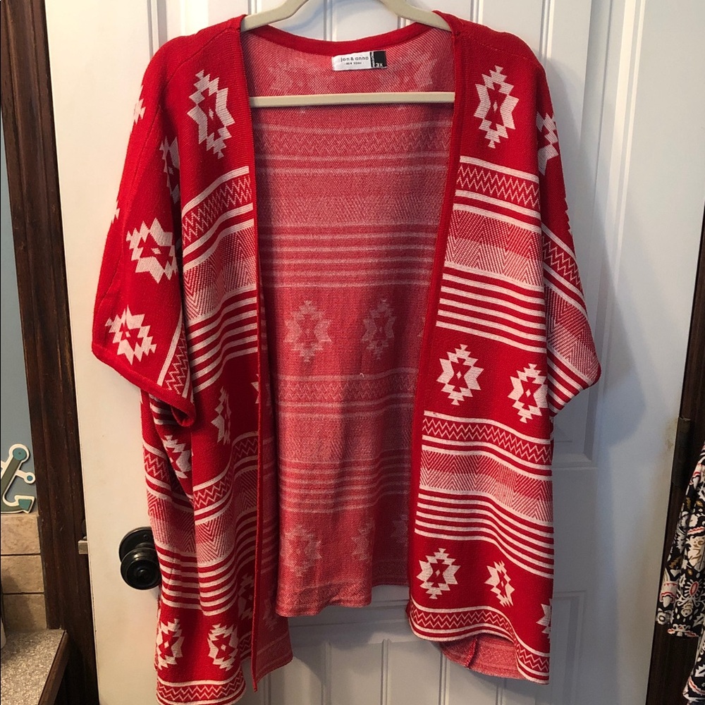 Jon & Anna Red and White Geometric Open-Front Cardigan